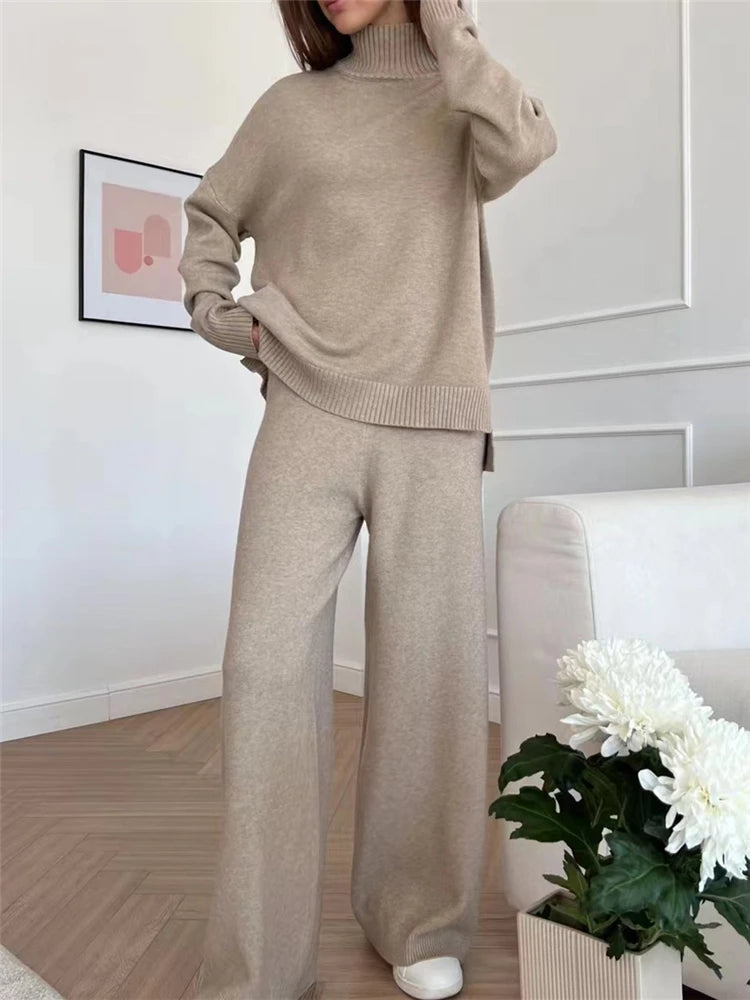 Autumn Winter 2 Pieces Women Sets Knitted Tracksuit Turtleneck Sweater and Straight Jogging Pants Suits