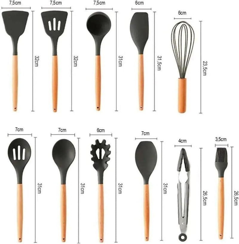 Jogo Kit com 12 Peças Utensílios De Cozinha Colheres Espátula Silicone Cabo Madeira Decoração Diversas Cores